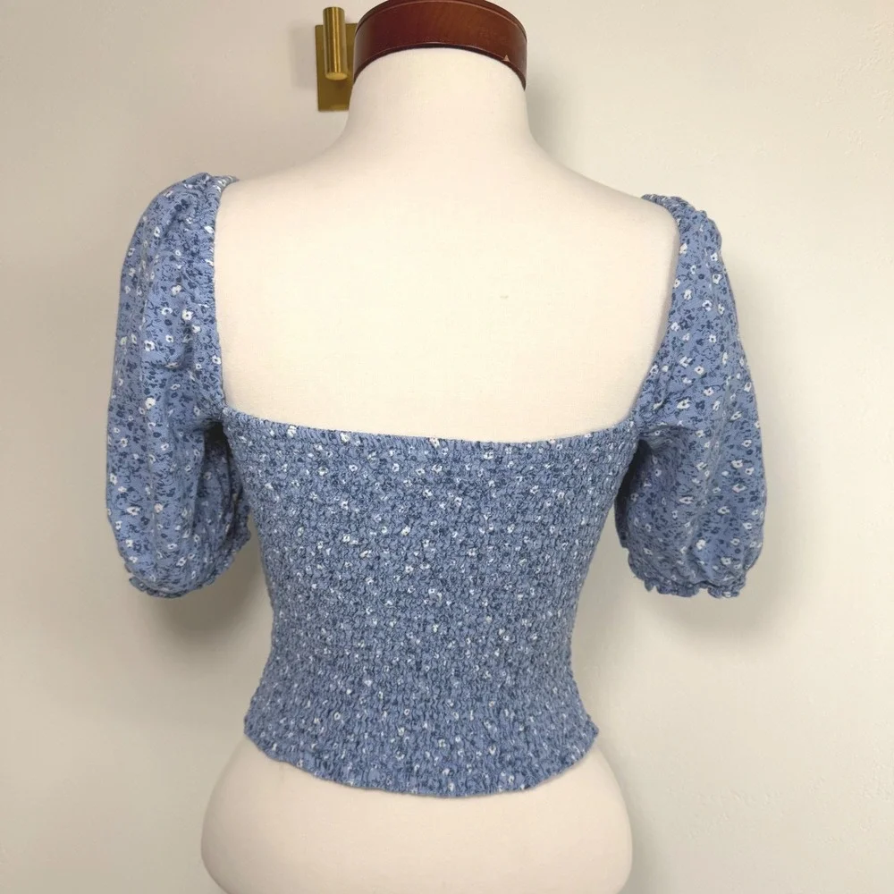 Abercrombie & Fitch Linen Blend Floral Top Blue‎ Puff Sleeve Prairie Cottagecore
